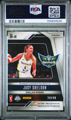 Jacy Sheldon 2024 Panini Prizm WNBA Signatures Purple Prizm 24/49 #SGJS PSA 9-2