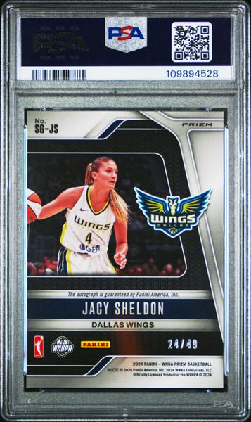 Jacy Sheldon 2024 Panini Prizm WNBA Signatures Purple Prizm 24/49 #SGJS PSA 9-2