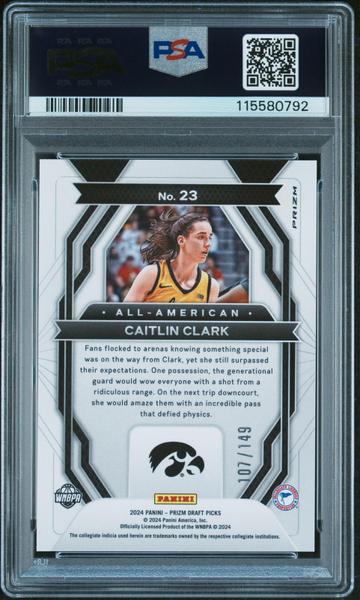 Caitlin Clark 2024 Panini Prizm Draft Picks All-American Blue Seismic 107/149 #23 PSA 9-2