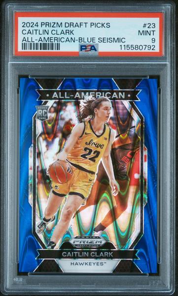 Caitlin Clark 2024 Panini Prizm Draft Picks All-American Blue Seismic 107/149 #23 PSA 9-1