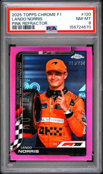Lando Norris 2025 Topps Chrome Formula 1 Pink Refractor 215/250 #120 PSA 8-1
