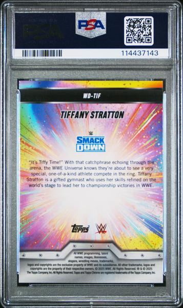 Tiffany Stratton 2025 Topps Chrome WWE Women's Division Neon Green Refractor 45/99 #TIF PSA 10-2