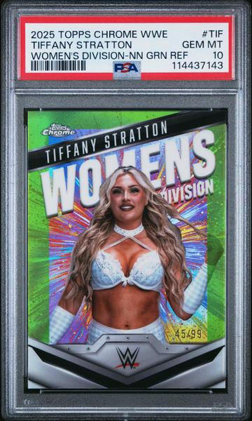 Tiffany Stratton 2025 Topps Chrome WWE Women's Division Neon Green Refractor 45/99 #TIF PSA 10-1