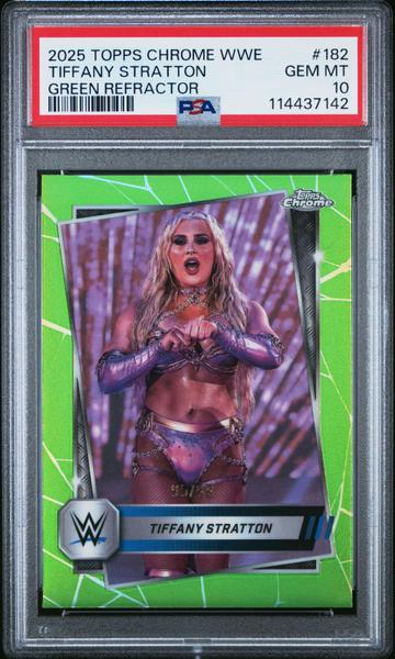 Tiffany Stratton 2025 Topps Chrome WWE Green Refractor 95/99 #182 PSA 10