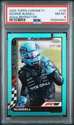 George Russell 2025 Topps Chrome Formula 1 Aqua Refractor 177/199 #119 PSA 8-1