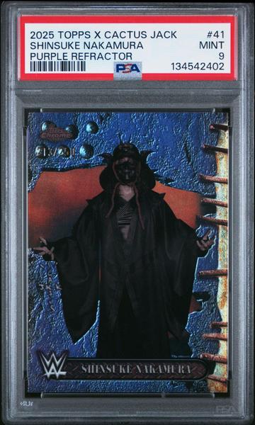 Shinsuke Nakamura 2025 Topps Chrome WWE X Cactus Jack Purple Refractor 213/250 #41 PSA 9-1
