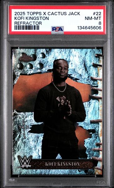 Kofi Kingston 2025 Topps Chrome WWE X Cactus Jack Refractor #22 PSA 8-1