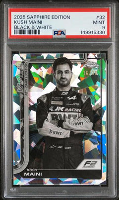 Kush Maini 2025 Topps Chrome Formula 1 Sapphire Edition Black & White #32 PSA 9-1