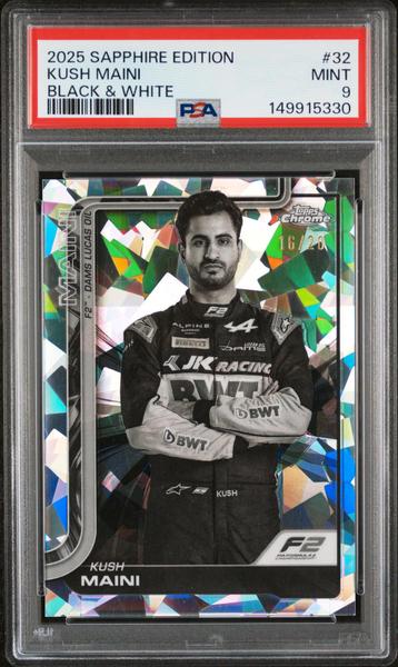 Kush Maini 2025 Topps Chrome Formula 1 Sapphire Edition Black & White #32 PSA 9-1