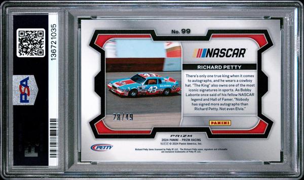 Richard Petty 2024 Panini Prizm Nascar Rides-Carolina Blue Prizm 28/49 #99 PSA 9-2