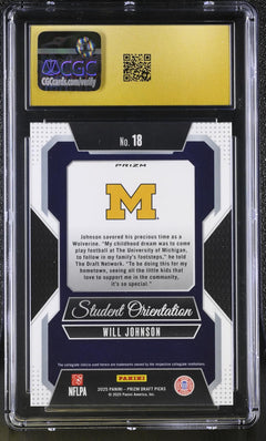 Will Johnson RC 2025 Panini Prizm Draft Green Student Orientation Rookie #18 CGC 10 Pristine-2