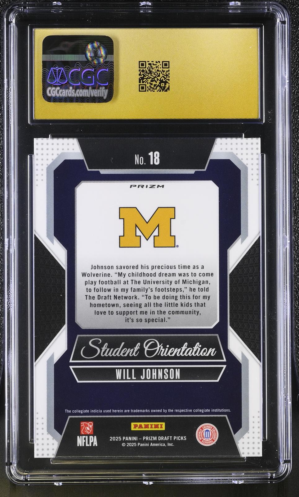 Will Johnson RC 2025 Panini Prizm Draft Green Student Orientation Rookie #18 CGC 10 Pristine-2