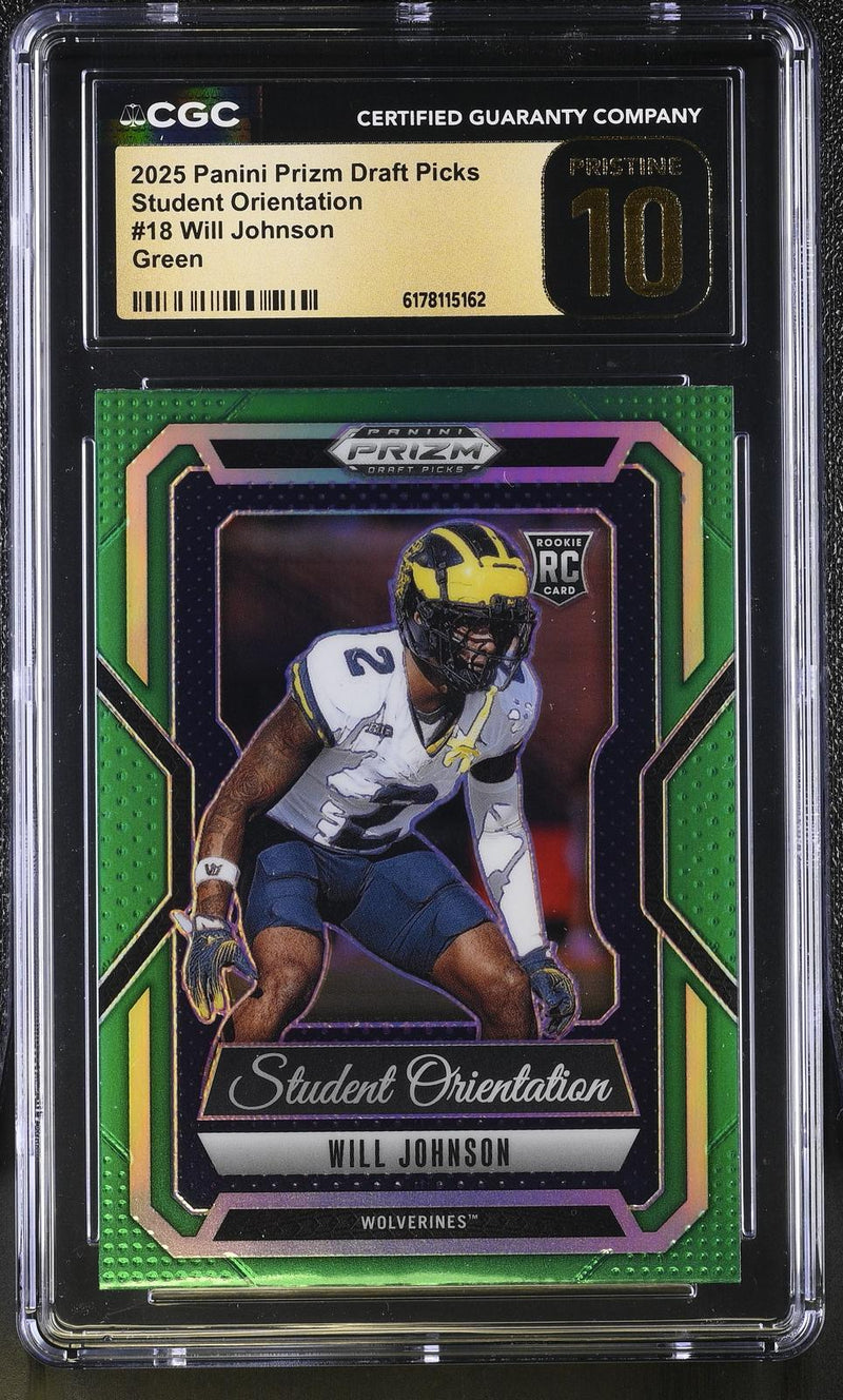 Will Johnson RC 2025 Panini Prizm Draft Green Student Orientation Rookie #18 CGC 10 Pristine-1