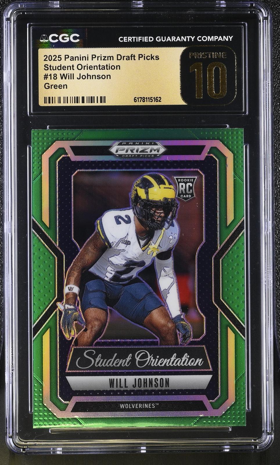Will Johnson RC 2025 Panini Prizm Draft Green Student Orientation Rookie #18 CGC 10 Pristine