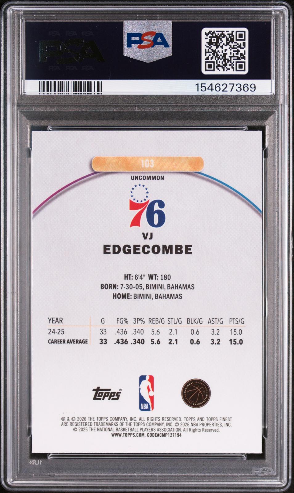 Vj Edgecombe RC 2025-26 Topps Finest Sky Blue Refractor Rookie SP 33/250 PSA 8-2