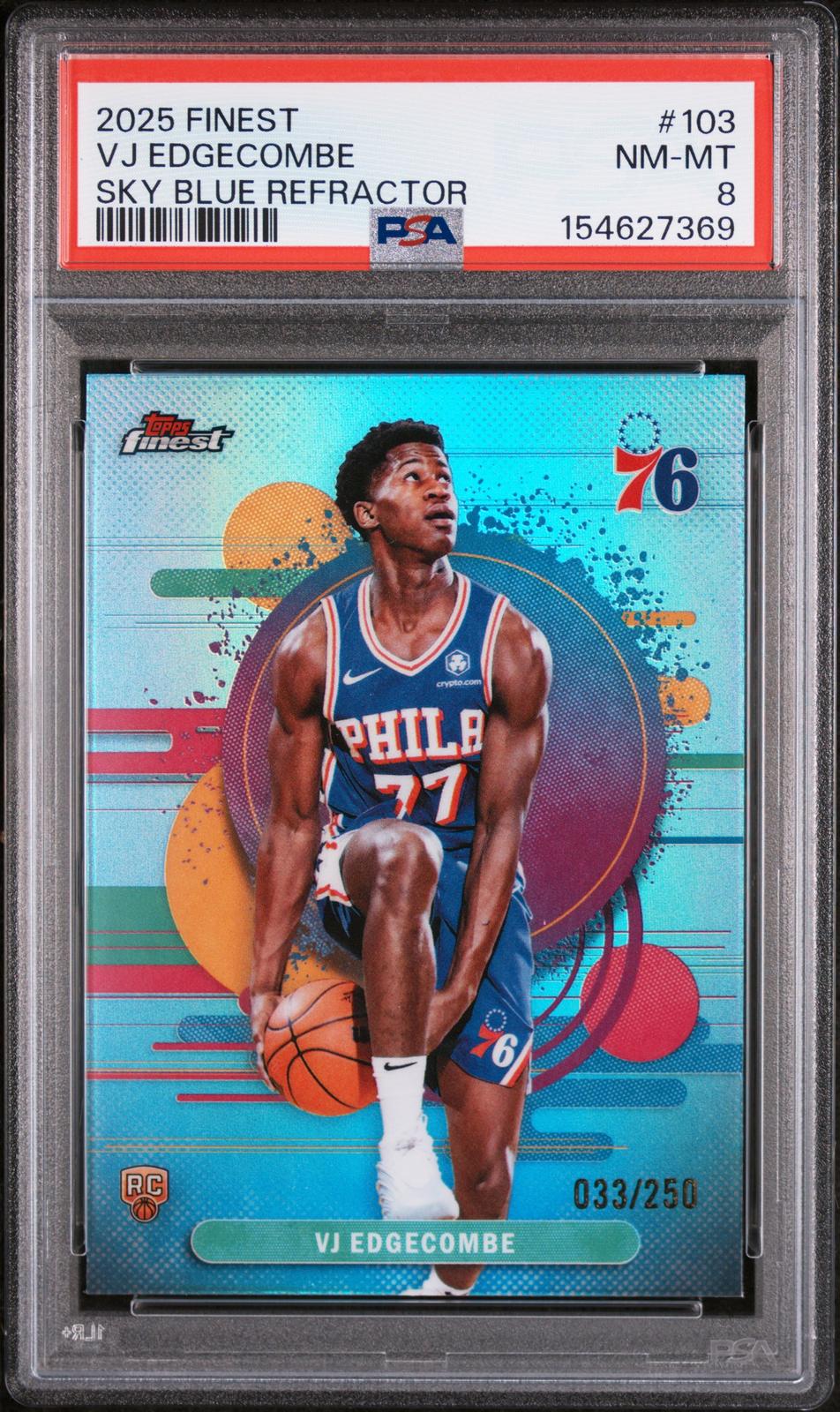Vj Edgecombe RC 2025-26 Topps Finest Sky Blue Refractor Rookie SP 33/250 PSA 8-1