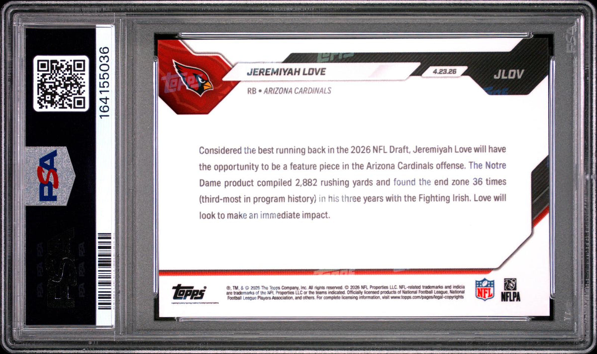 Jeremiyah Love RC 2026 Topps Now Draft Night Rookie PSA 9-2