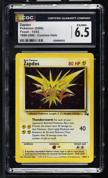 Zapdos 1999-2000, Cosmos Holo 2000 Fossil #15/62 CGC 6.5