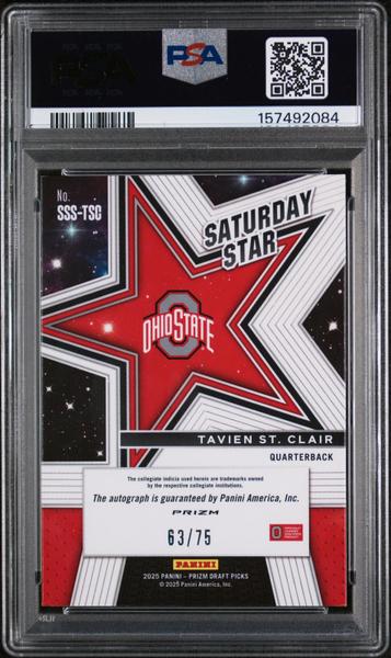 Tavien St. Clair 2025 Panini Prizm Draft Picks Saturday Star Signatures Sat Star Sig-Orange Wave 63/75 #SSS-TSC PSA 9-2