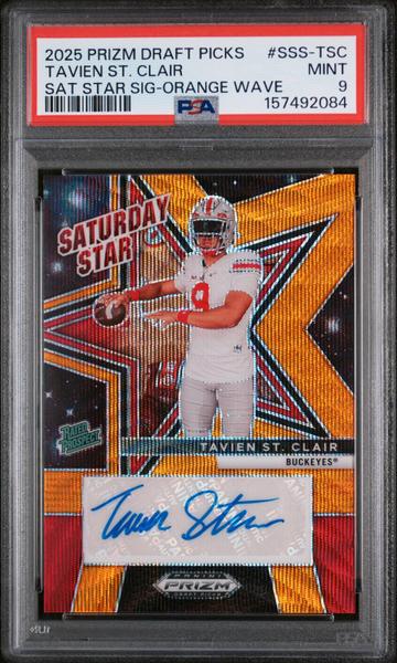 Tavien St. Clair 2025 Panini Prizm Draft Picks Saturday Star Signatures Sat Star Sig-Orange Wave 63/75 #SSS-TSC PSA 9