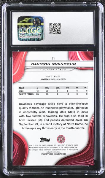 Davison Igbinosun Yellow Refractor 2024 University Best 29/75 #51 CGC 10