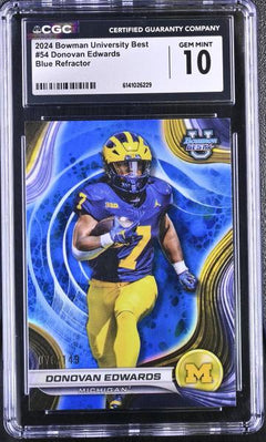 Donovan Edwards Blue Refractor 2024 University Best 76/149 #54 CGC 10-1