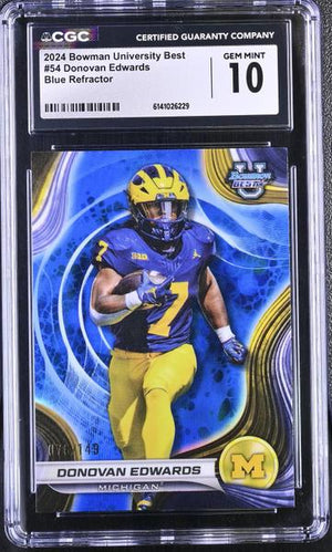 Donovan Edwards Blue Refractor 2024 University Best 76/149 #54 CGC 10
