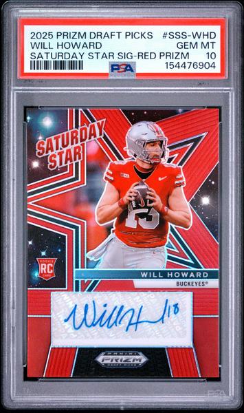Will Howard 2025 Panini Prizm Draft Picks Saturday Star Signatures Red Prizm 100/100 PSA 10