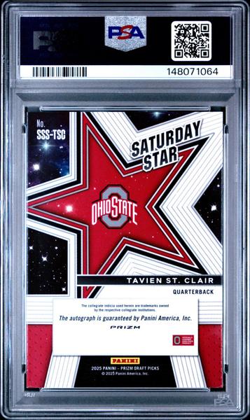 Tavien St. Clair 2025 Panini Prizm Draft Picks Saturday Star Signatures #SSS-TSC PSA 8