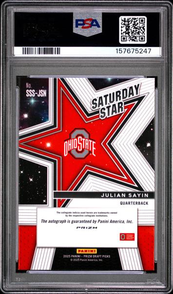 Julian Sayin 2025 Panini Prizm Draft Picks Saturday Star Signatures #SSS-JSN PSA 10-2