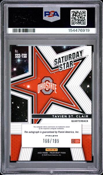 Tavien St. Clair 2025 Panini Prizm Draft Picks Saturday Star Signatures Purple Ice 166/199 PSA 10-2