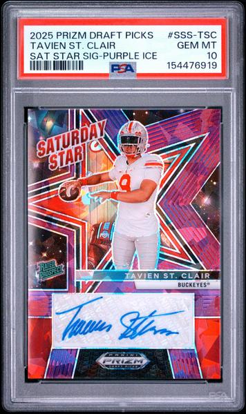 Tavien St. Clair 2025 Panini Prizm Draft Picks Saturday Star Signatures Purple Ice 166/199 PSA 10