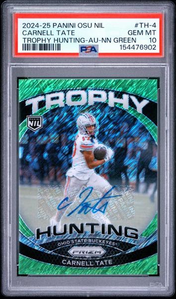 Carnell Tate 2024 Panini The Ohio State University Nil Trophy Hunting Green Auto PSA 10-1