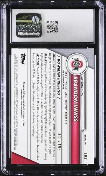 Brandon Inniss Refractor 2023 University Chrome Prospect Autographs #103 330/499 CGC 9.5