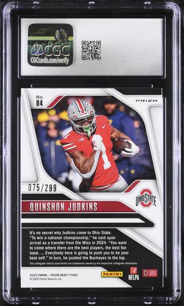 Quinshon Judkins Blue Wave 2025 Prizm Draft Picks 75/299 #84 CGC 10-2