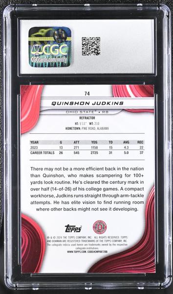 Quinshon Judkins Refractor 2024 University Best #74 CGC 10-2