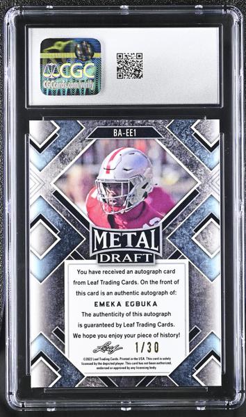 Emeka Egbuka Silver Wave 2022 Metal Draft Autographs 1/30 #BA-EE1 CGC 10