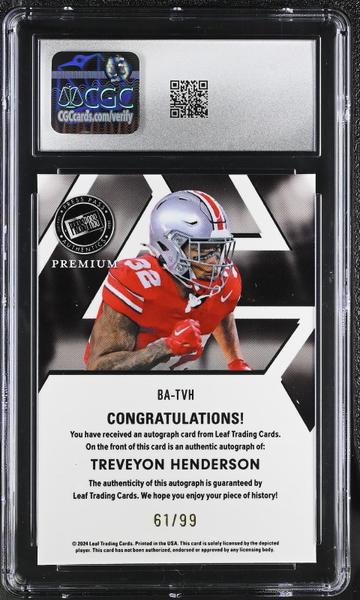 TreVeyon Henderson 2024 Press Pass Premium Autographs #BA-TVH 61/99 CGC 9.5-2