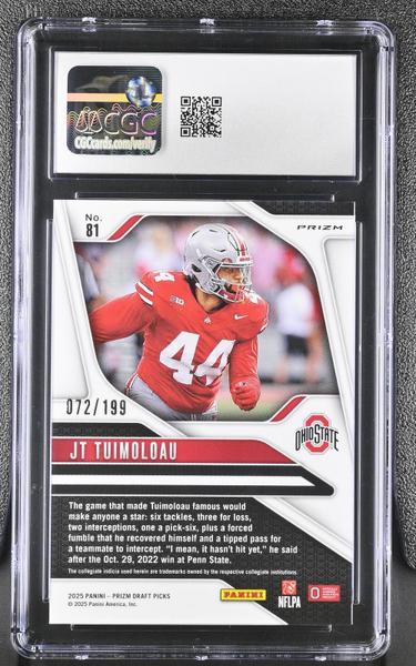 JT Tuimoloau Purple Ice 2025 Prizm Draft Picks 72/199 #81 CGC 10-2
