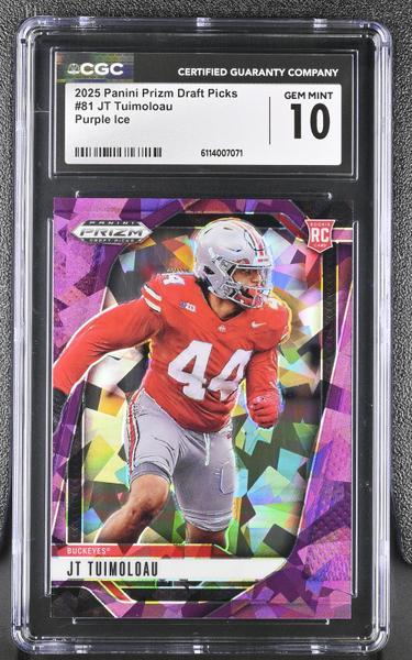 JT Tuimoloau Purple Ice 2025 Prizm Draft Picks 72/199 #81 CGC 10