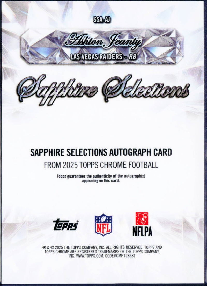 Ashton Jeanty RC 2025 Topps Chrome Sapphire Selections Rookie Auto-2