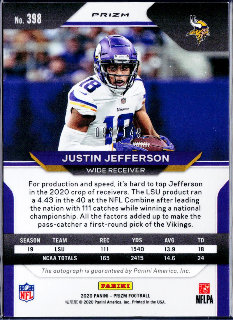 Justin Jefferson RC 2020 Panini Prizm Red Wave Rookie Auto SP 93/149-2