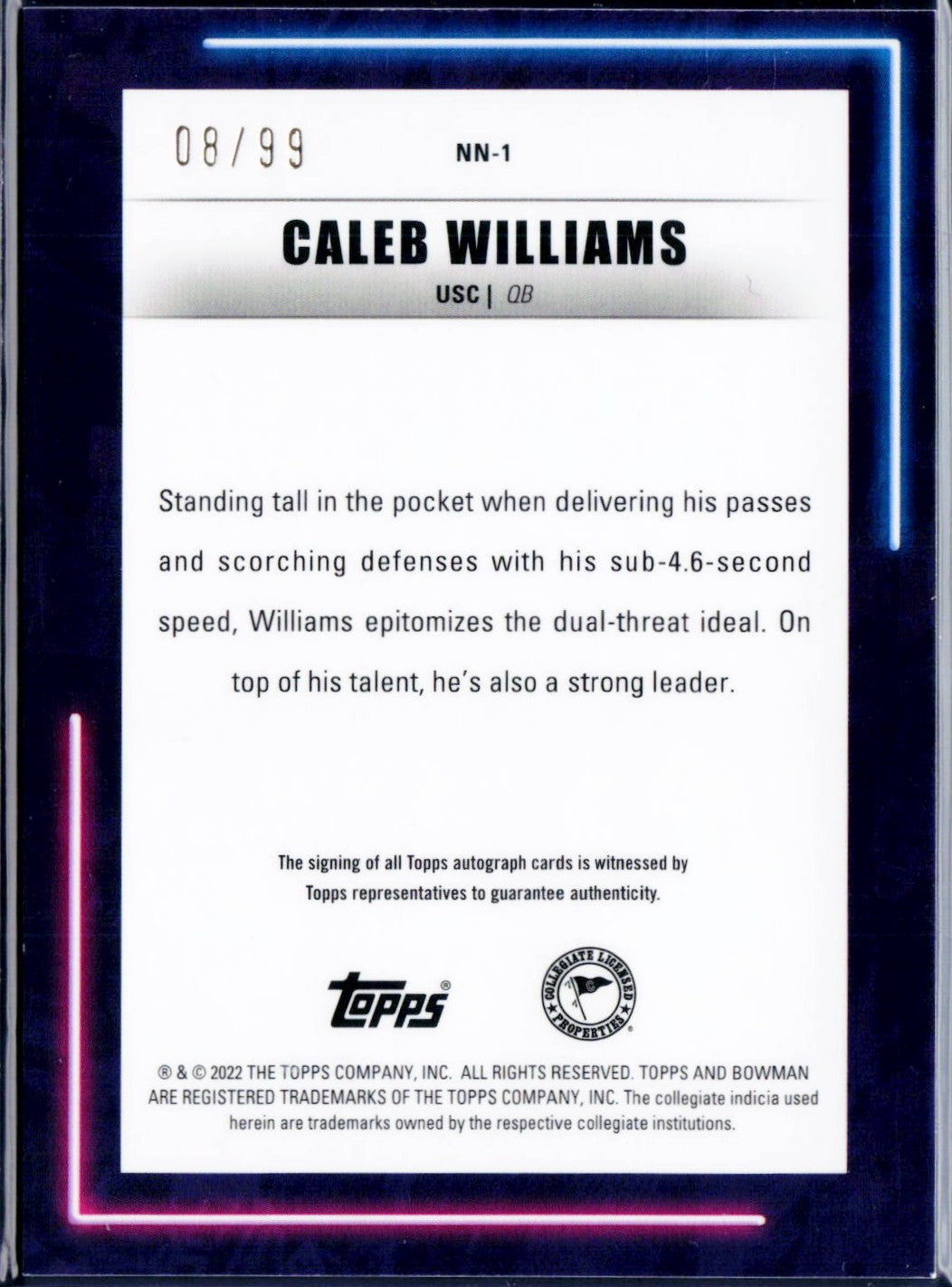 Caleb Williams RC 2022 Bowman U Best Neon Neophytes Rookie Auto SP 8/99-2