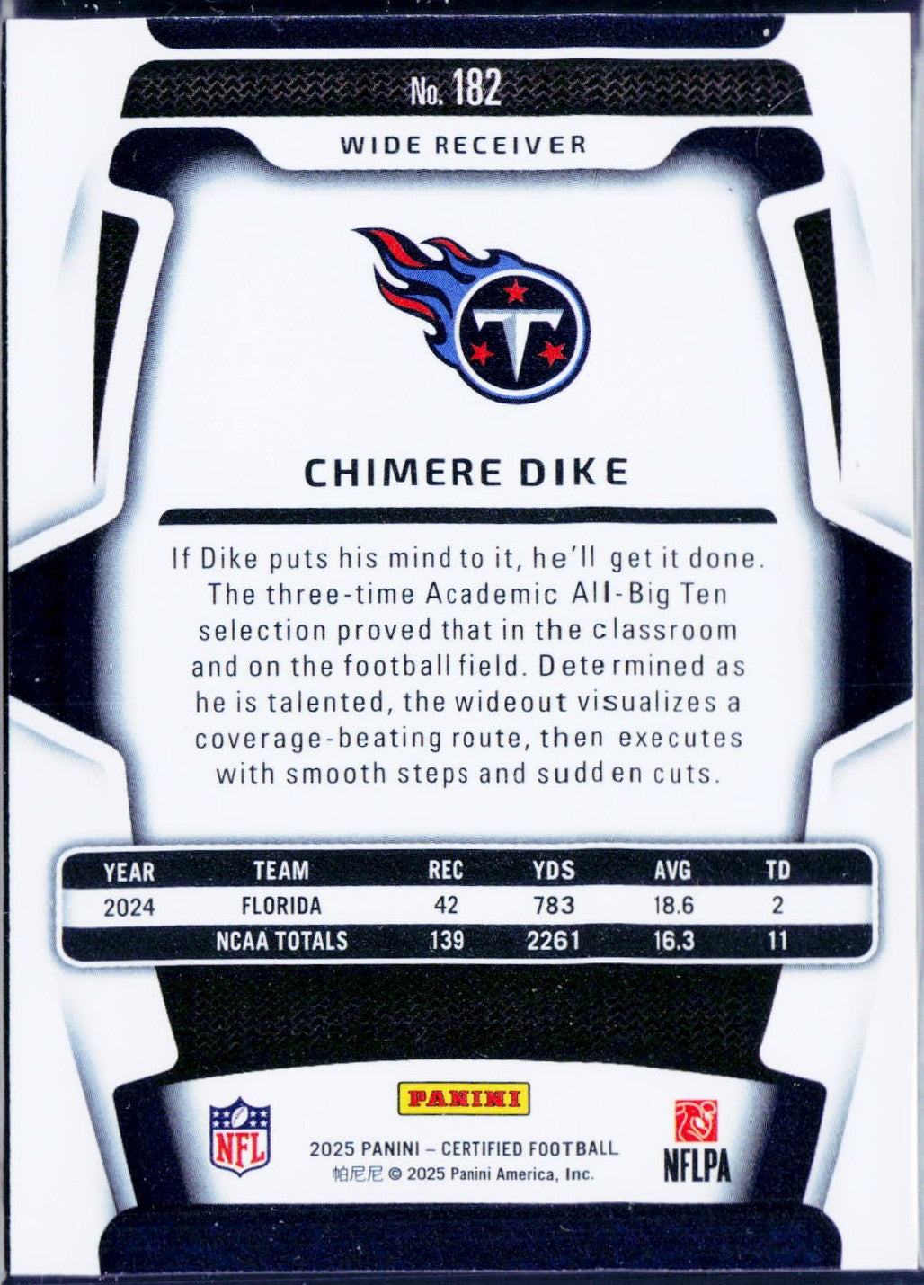 Chimere Dike RC 2025 Panini Certified Gold Mirror Rookie SP 5/10-2