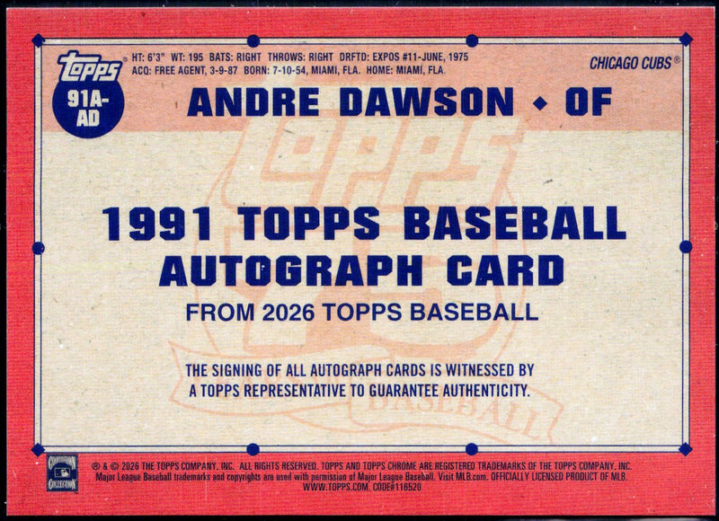 Andre Dawson 2026 Topps 1991 Throwback Blue Auto SP 34/150-2