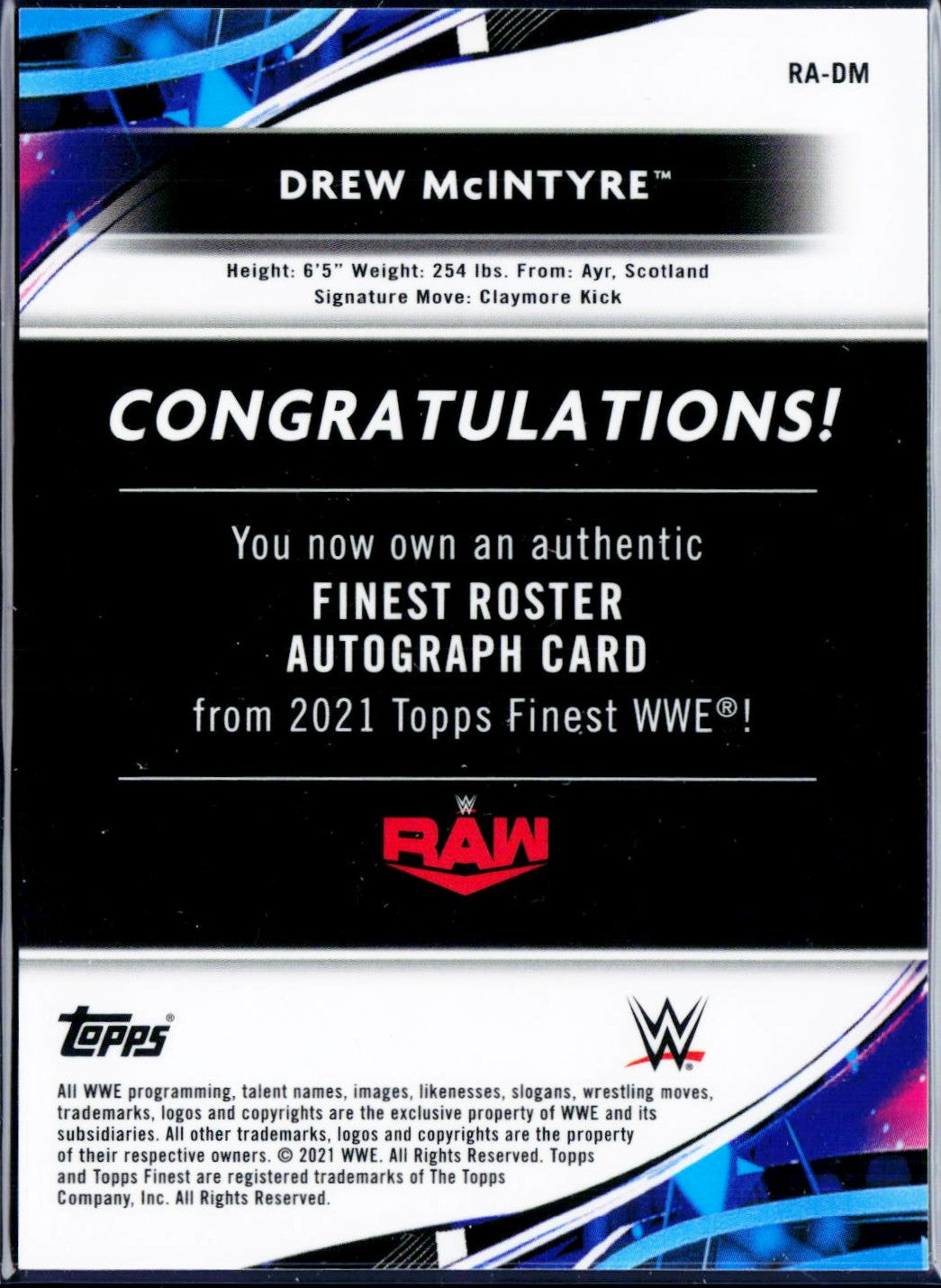 Drew Mcintyre 2021 Topps Finest WWE Black Refractor Auto SP 3/10-2