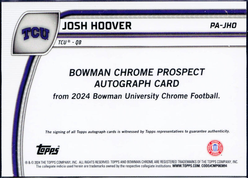 Josh Hoover RC 2025 Bowman U Chrome Purple Refractor Rookie Auto SP 47/150-2