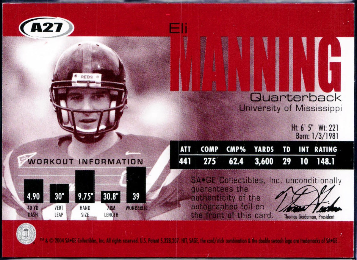 Eli Manning RC 2004 Sage Gold Rookie Auto SP 62/100-2