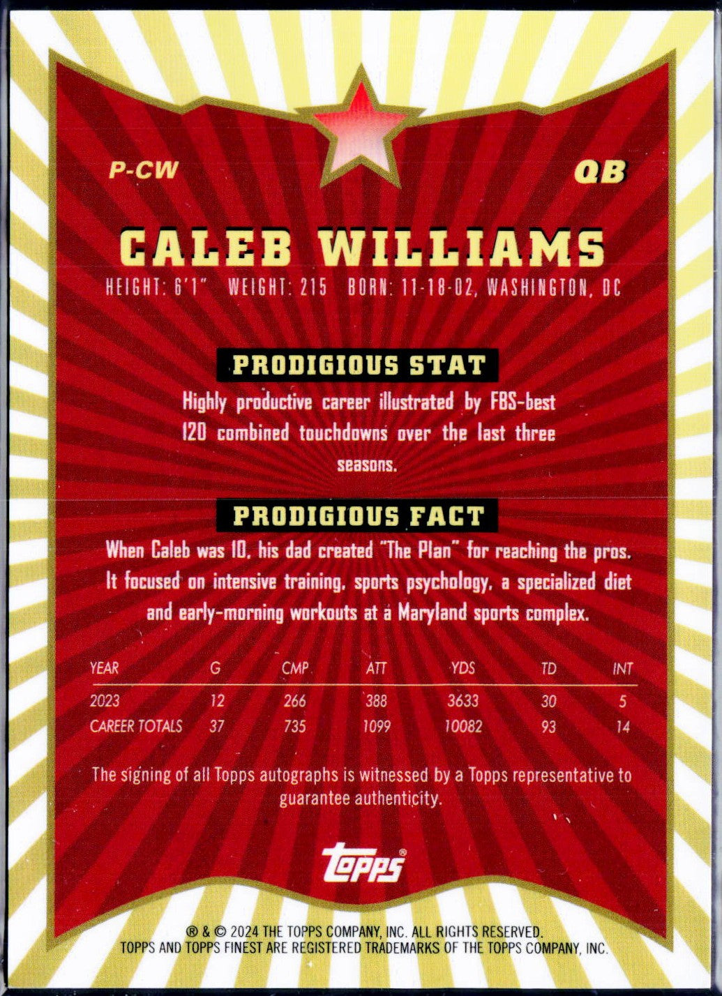 Caleb Williams RC 2024 Topps Finest Prodigies Rookie Auto-2