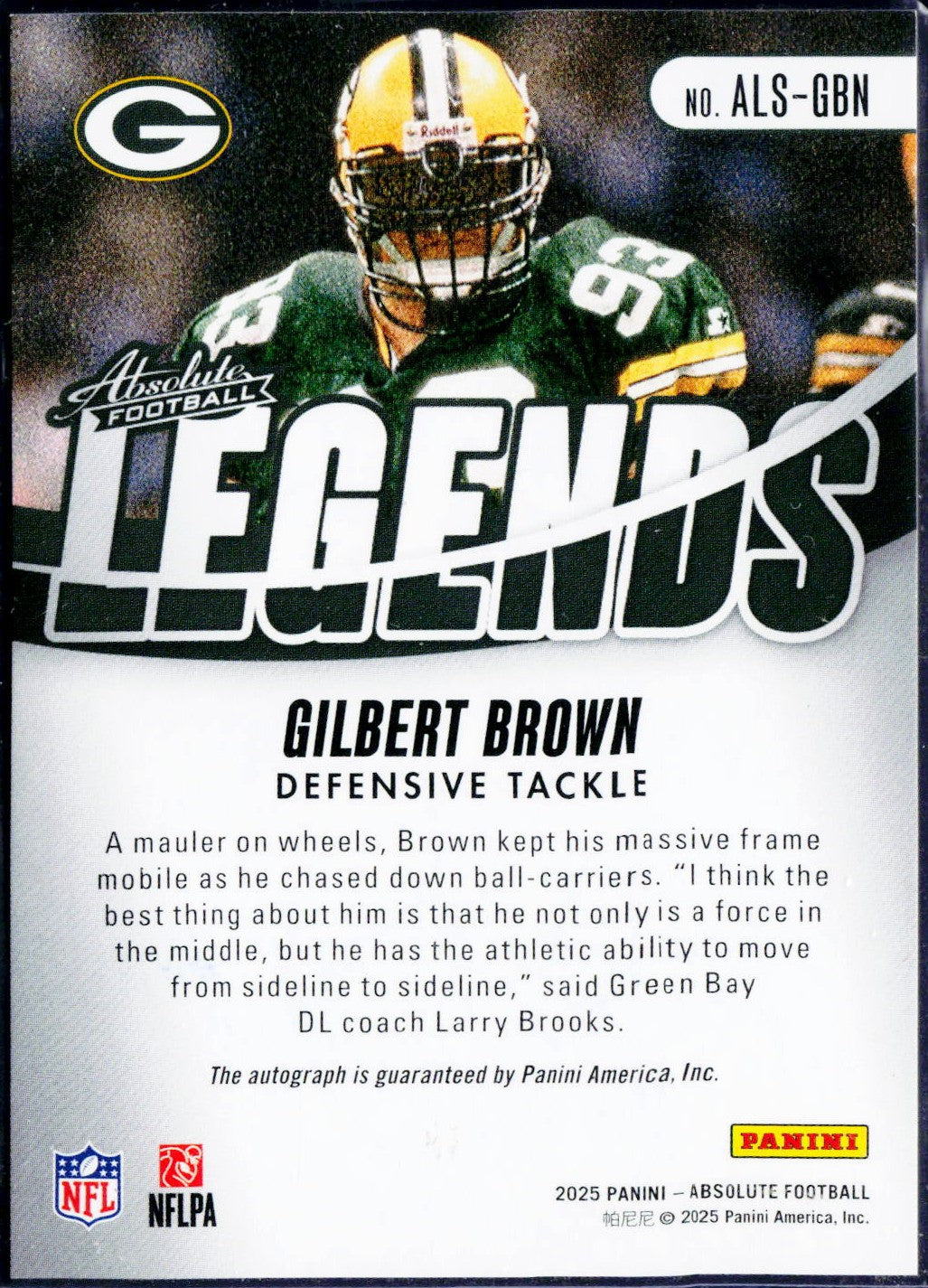 Gilbert Brown 2025 Panini Absolute Gold Legends Auto SP 2/10-2